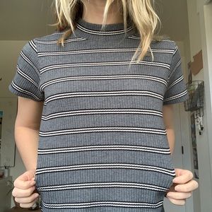 High-neck, gray and white striped shirt!